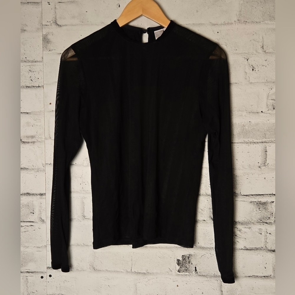 Twik Black Sheer Mesh Velvet Long Sleeve Top Size L Semi Sheer Blouse
